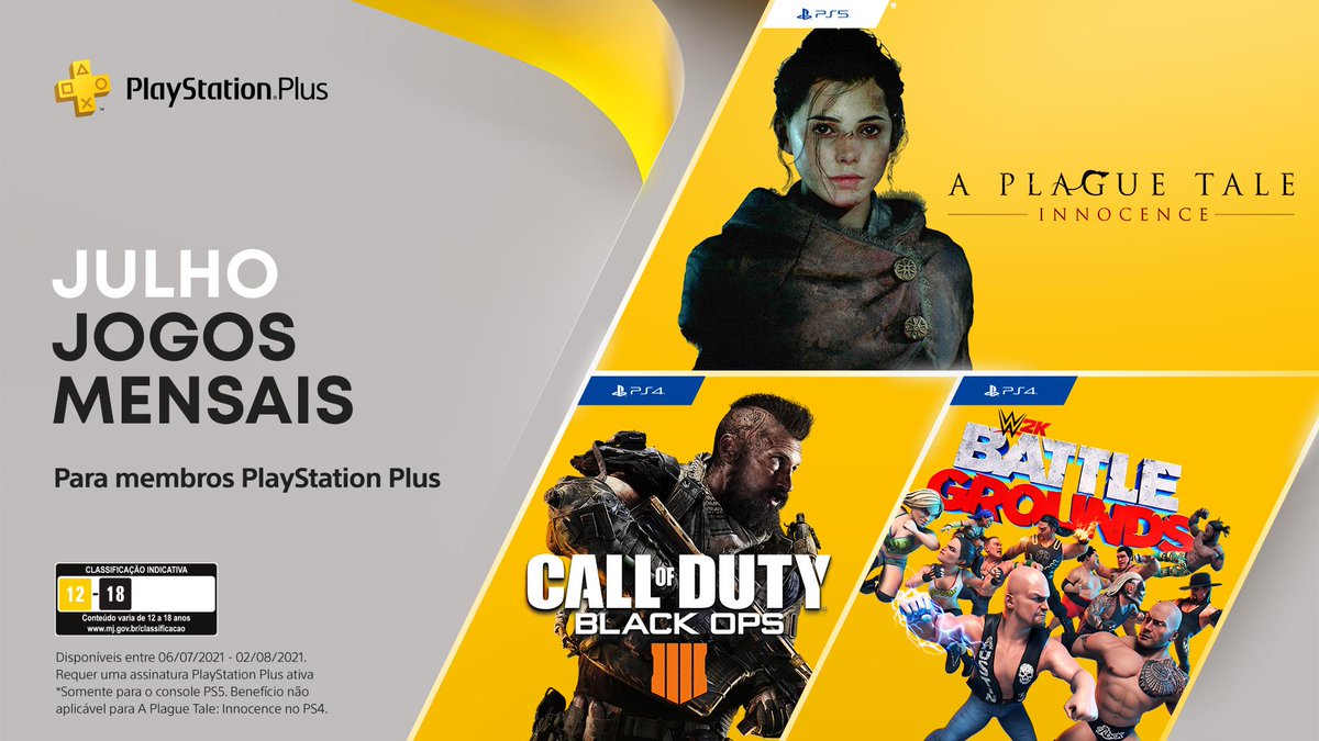 Assinantes PS Plus receberão A Plague Tale: Innocence, Call of Duty: Black  Ops 4 e WWE 2K Battlegrounds em julho de 2021 - PSX Brasil