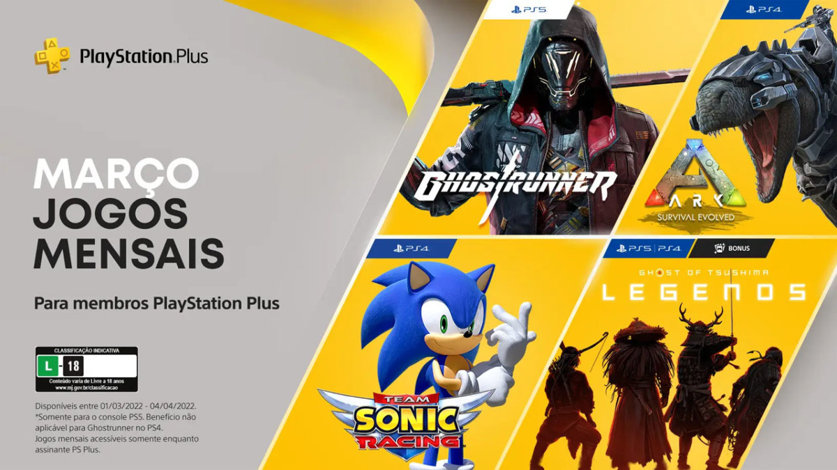 PS Plus março de 2022: ARK: Survival Evolved, Team Sonic Racing,  Ghostrunner e Ghost of Tsushima: Lendas - PSX Brasil