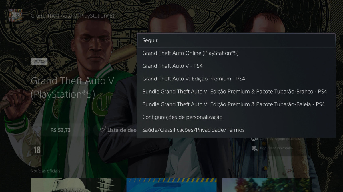 GTA V PREMIUM  PS5 (versão do jogo: PS4)