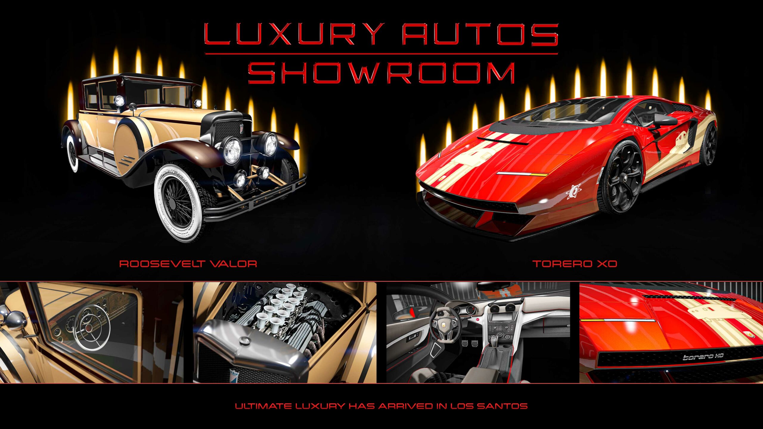 Pôster da Luxury Autos exibindo o Albany Roosevelt Valor e Pegassi Torero XO