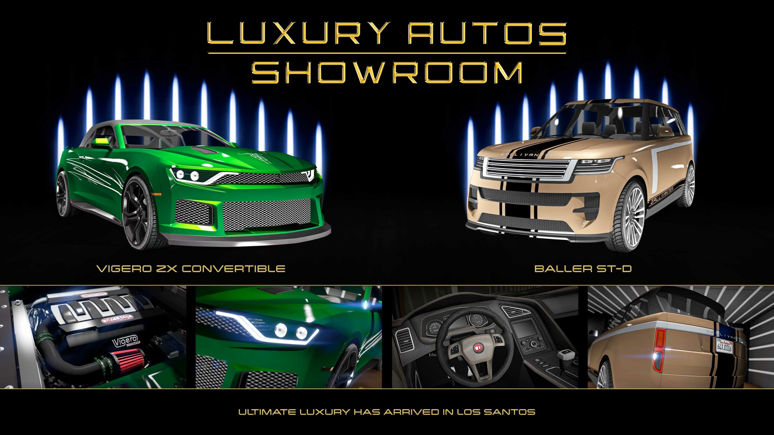 Pôster de dois veículos da vitrine da Luxury Autos. Esquerda: um Declasse Vigero ZX Conversível Verde. Direita: um Gallivanter Baller ST-D Marrom com uma listra de corrida no meio e uma listra creme nas laterais.