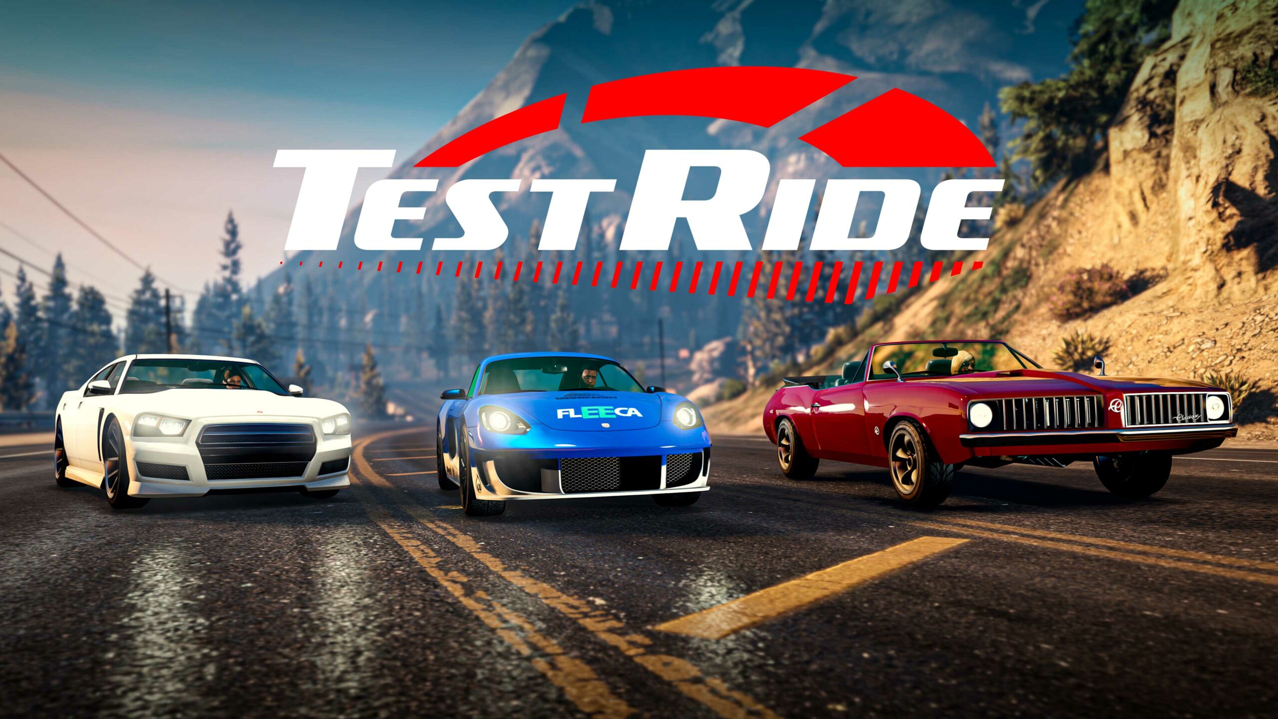 imagem dos veículos Declasse Stallion, Pfister Growler e Bravado Buffalo S e logotipo do veículo da pista de teste