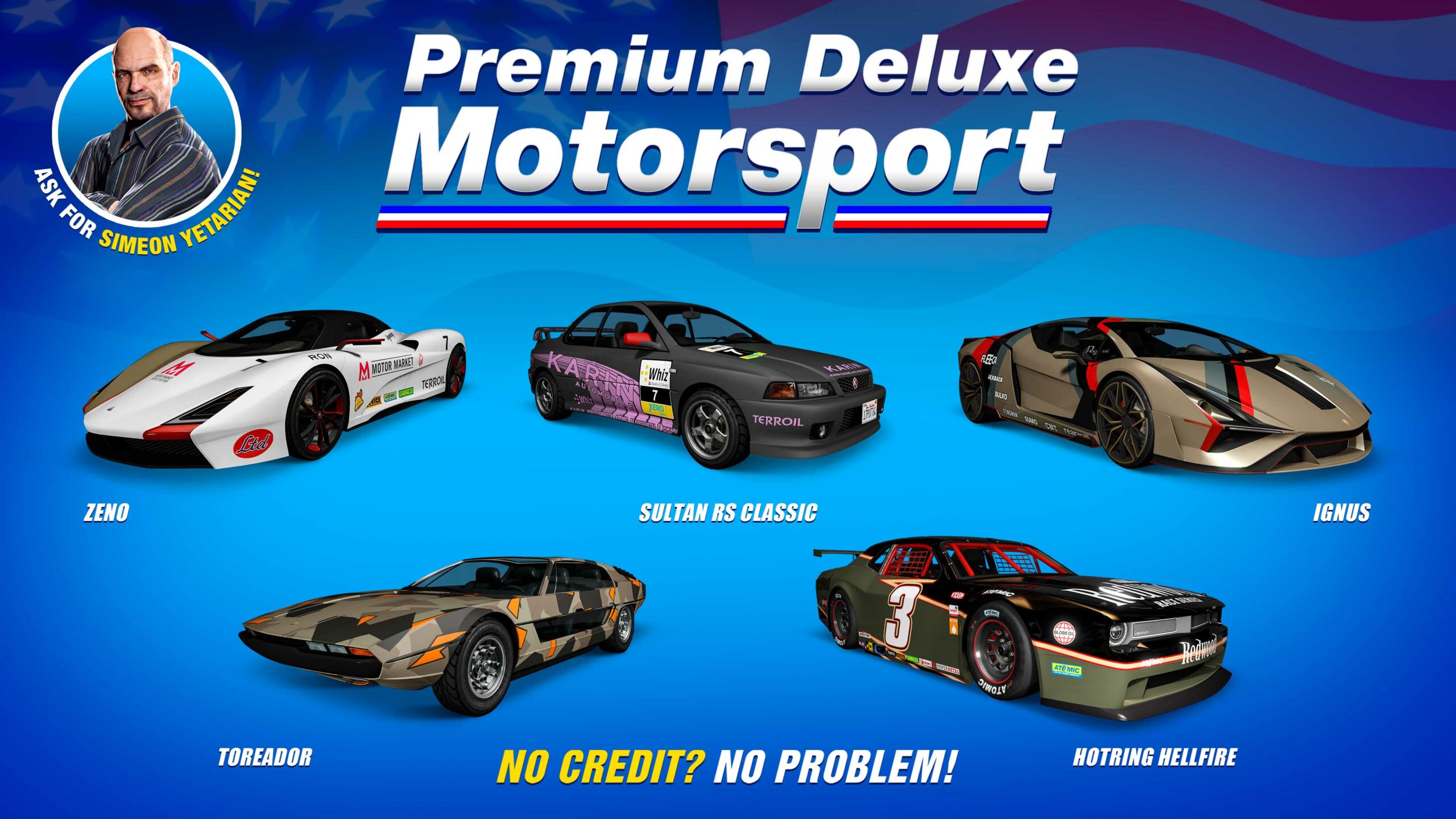 Pôster da concessionária Premium Deluxe Motorsport com o Pegassi Toreador, Överflöd Zeno, Pegassi Ignus, Karin Sultan RS Clássico e Bravado Hotring Hellfire