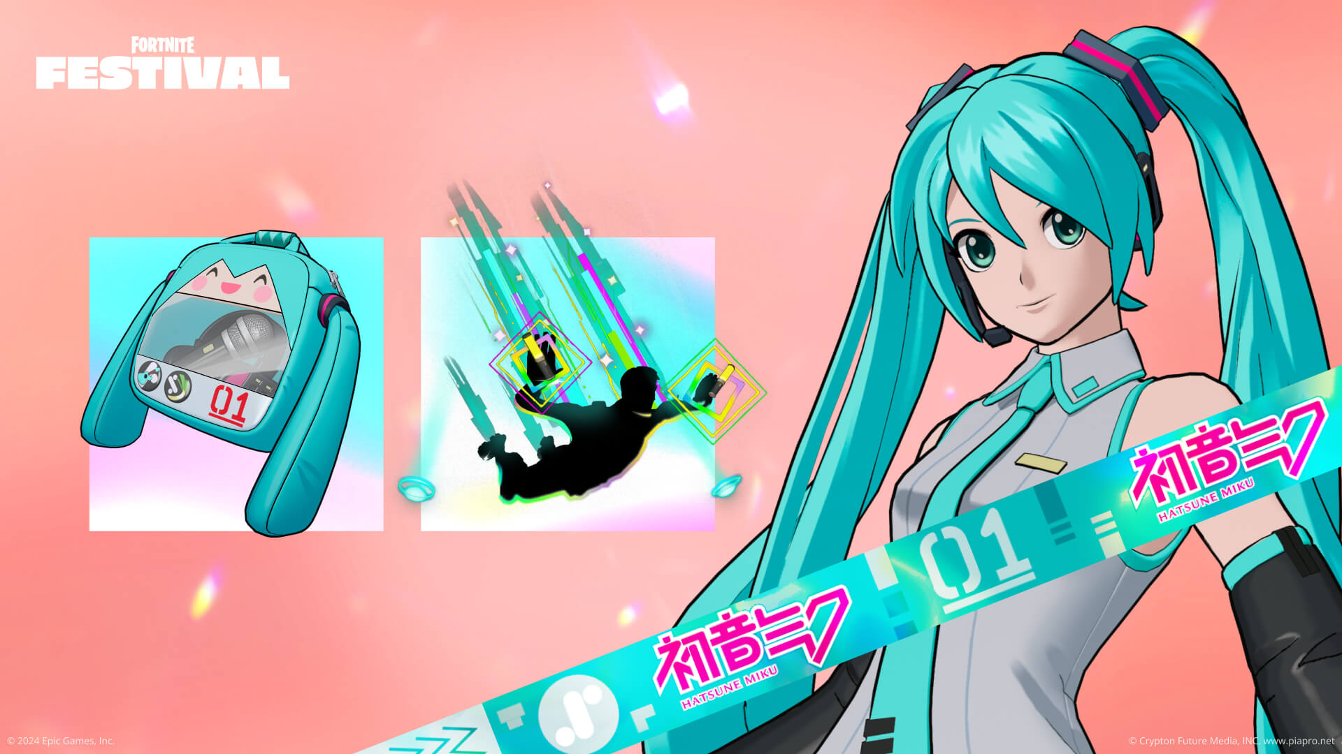 Fortnite Hatsune Miku Outfit, Pack-sune Miku Back Bling, and Miku Light Contrail