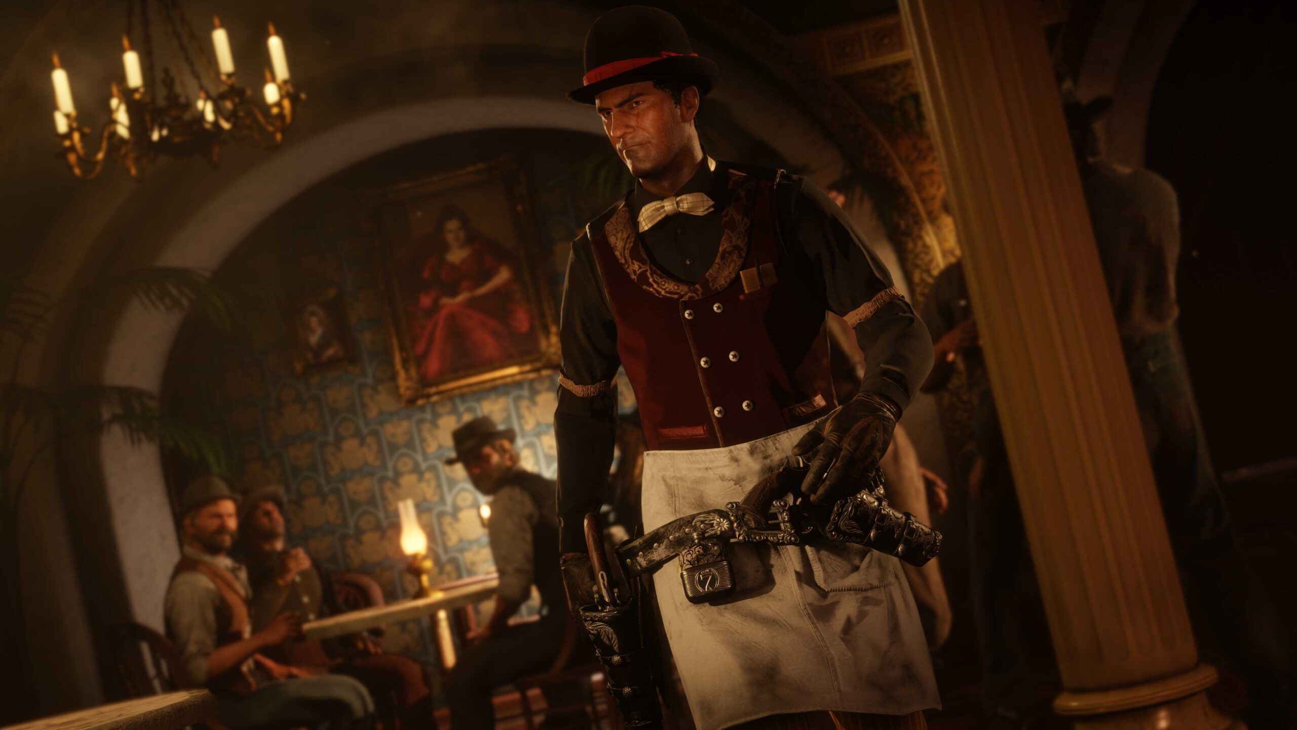 A character wearing a Moonshiner Role Outfit walks through a candlelit Moonshine Shack as people sat at a table look to them.