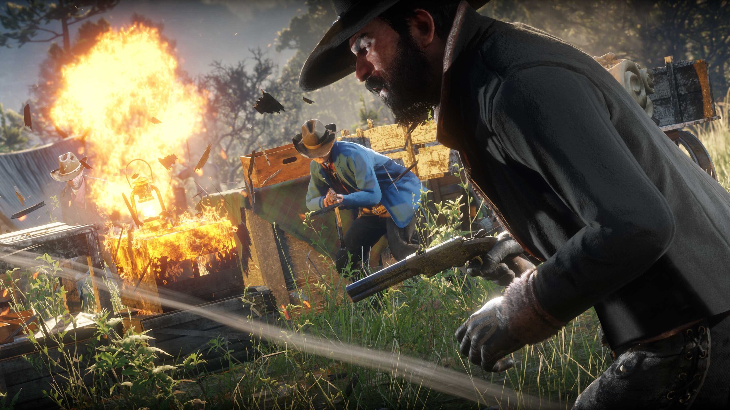 Characters engaged in armed combat run for cover as a lantern explodes.