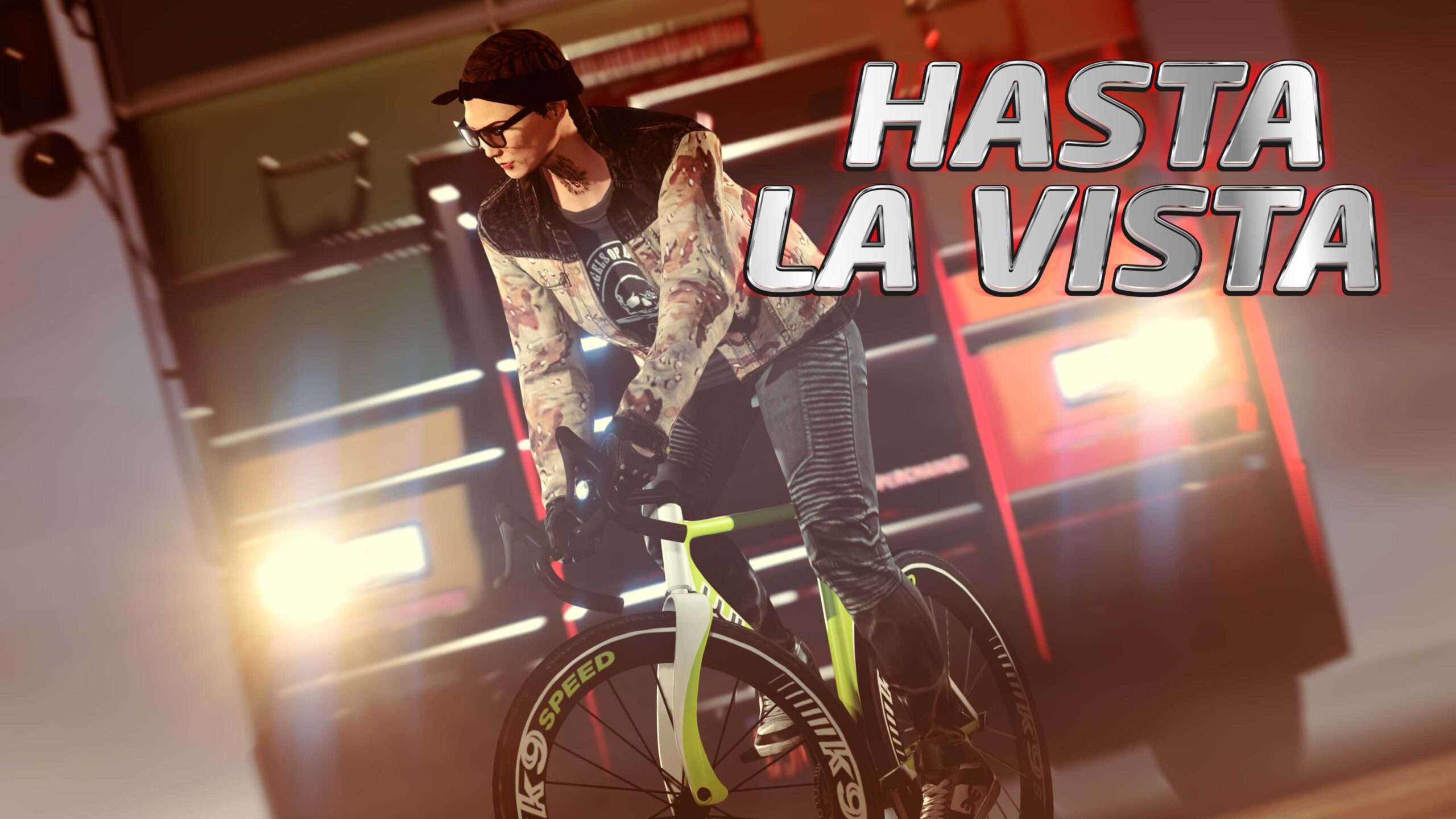 Pôster de Hasta La Vista mostrando um personagem pedalando de bicicleta para escapar de um caminhão.