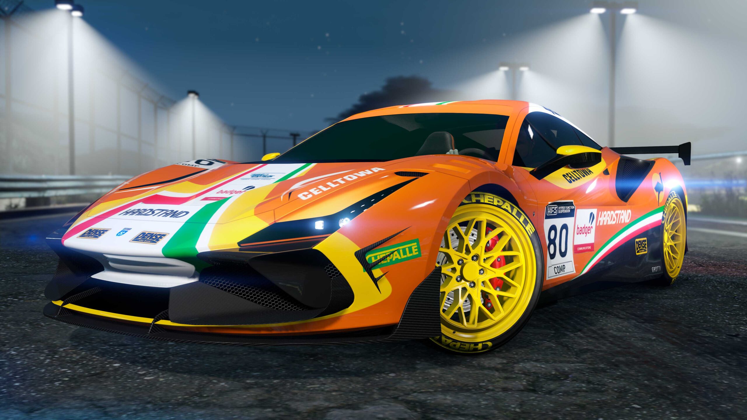 Um Grotti Turismo Omaggio laranja com uma estampa de corrida.