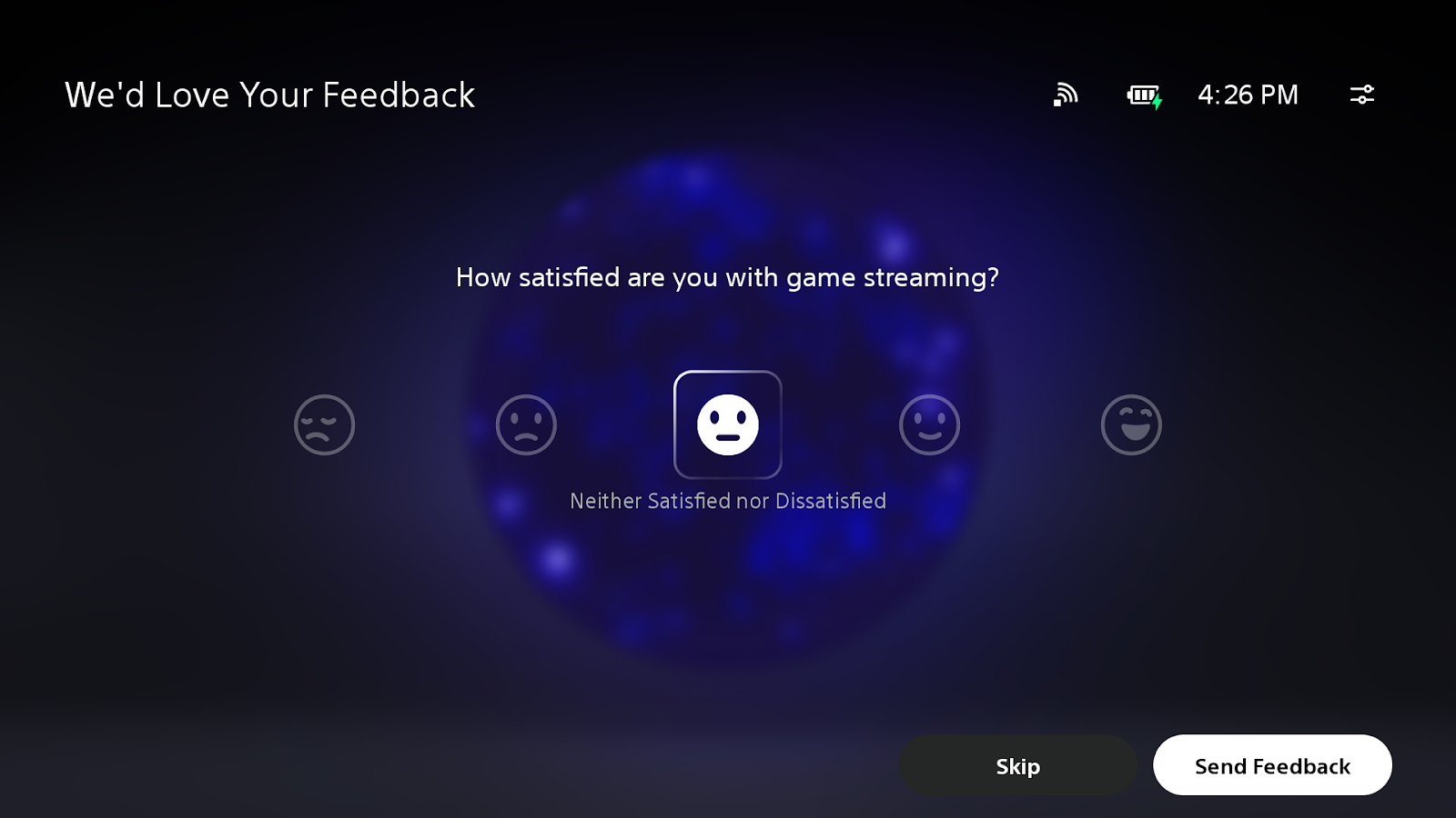 Interface do usuário do controle remoto do PlayStation Portal mostrando a tela de feedback do usuário
