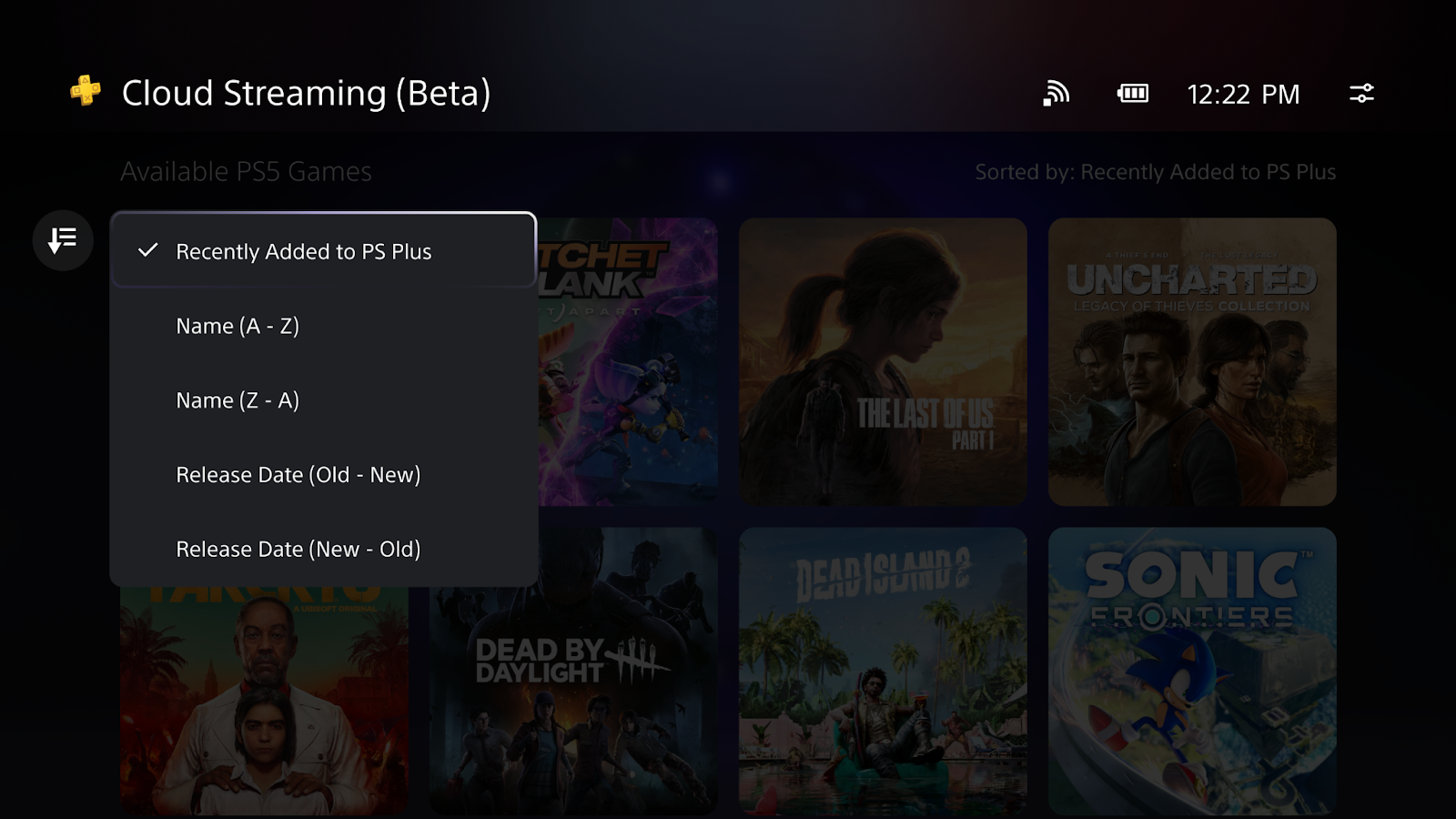 Interface do usuário do controle remoto do PlayStation Portal mostrando o catálogo do Cloud Streaming (Beta)