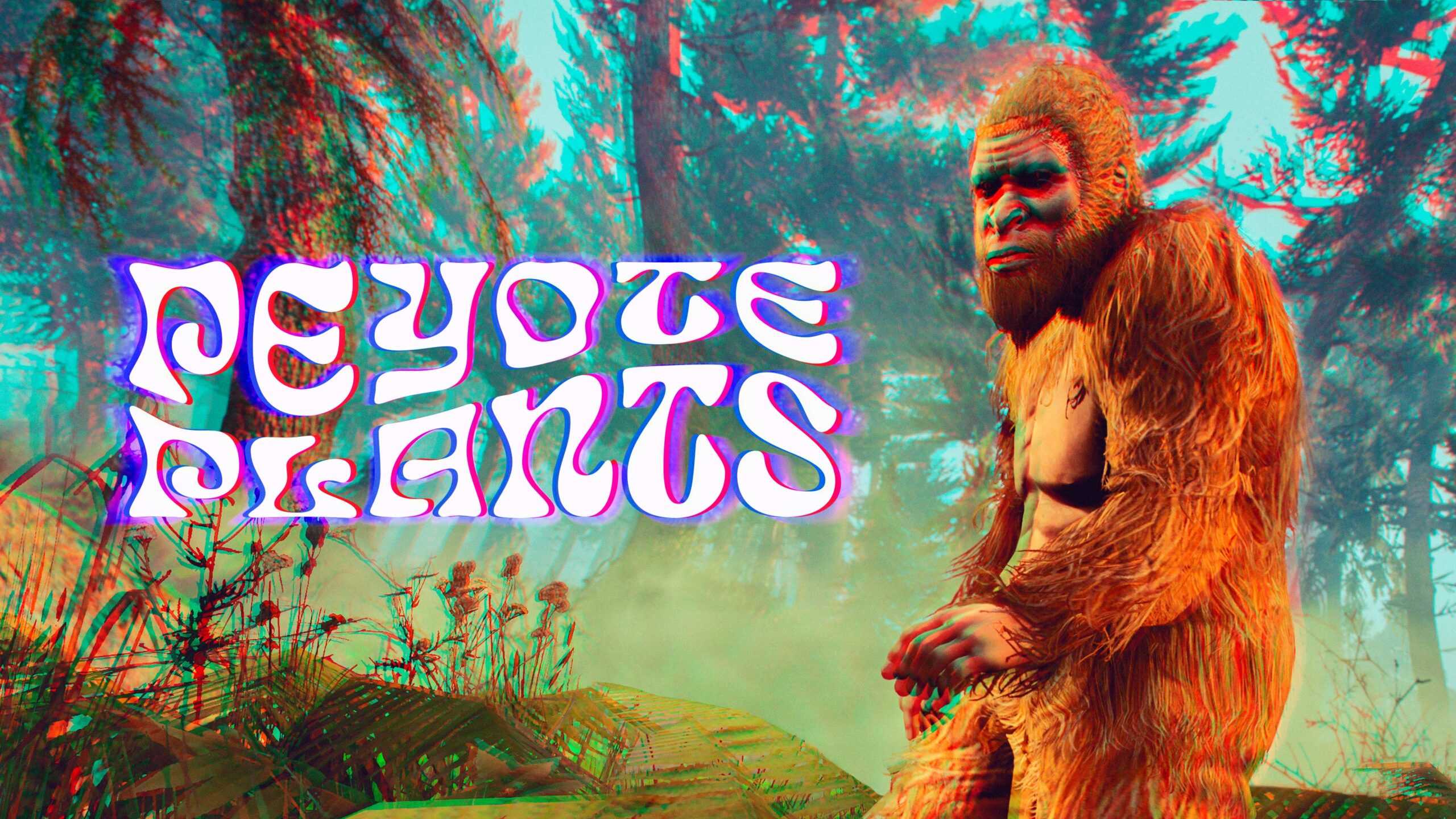 Um personagem na floresta vestindo o Traje Sasquatch. Texto: Plantas de Peiote.