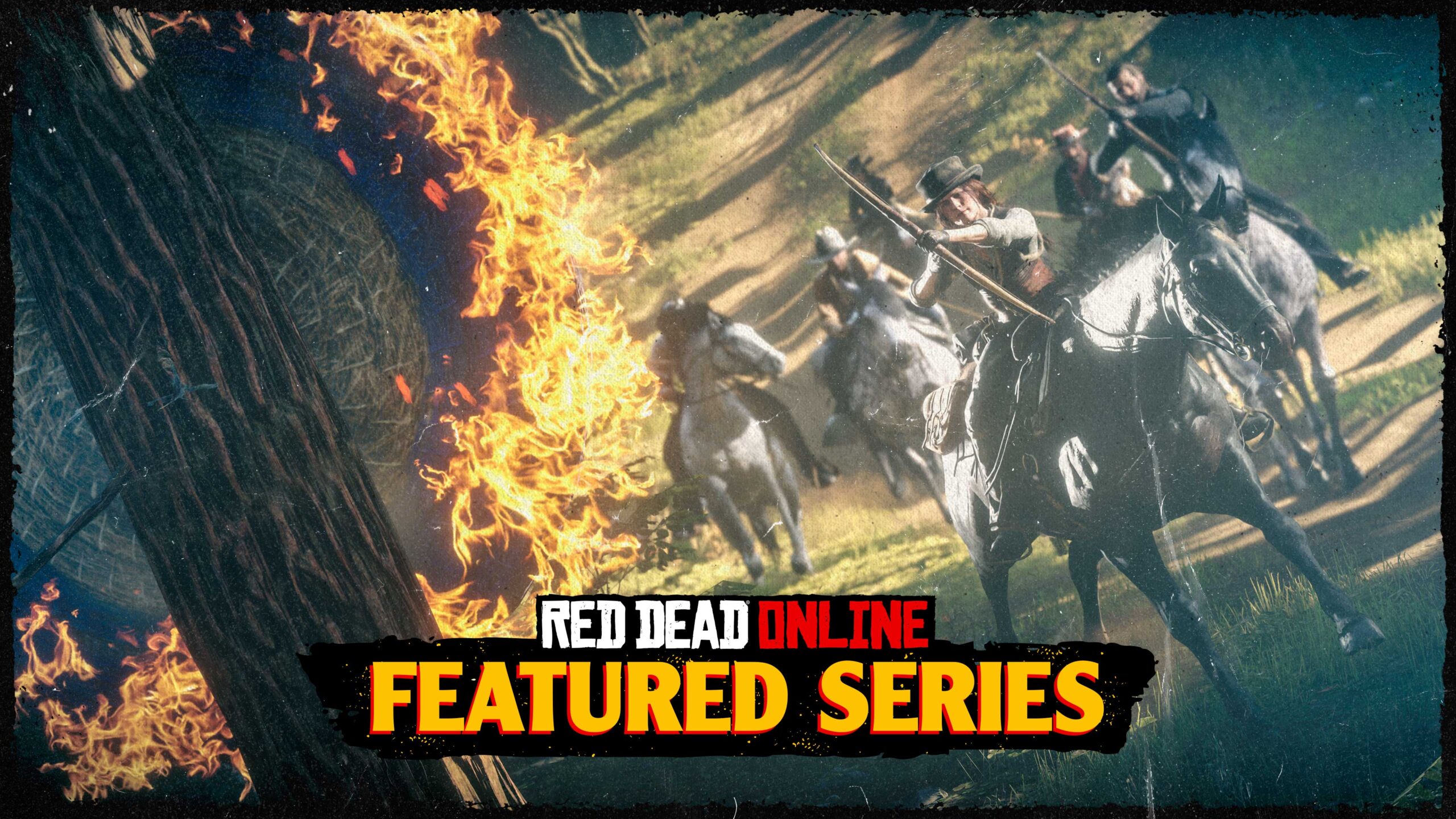 Pôster da Série em Destaque de Red Dead Online mostrando uma gangue de personagens cavalgando pela floresta e atirando flechas de fogo em um alvo de palha pendurado numa árvore.