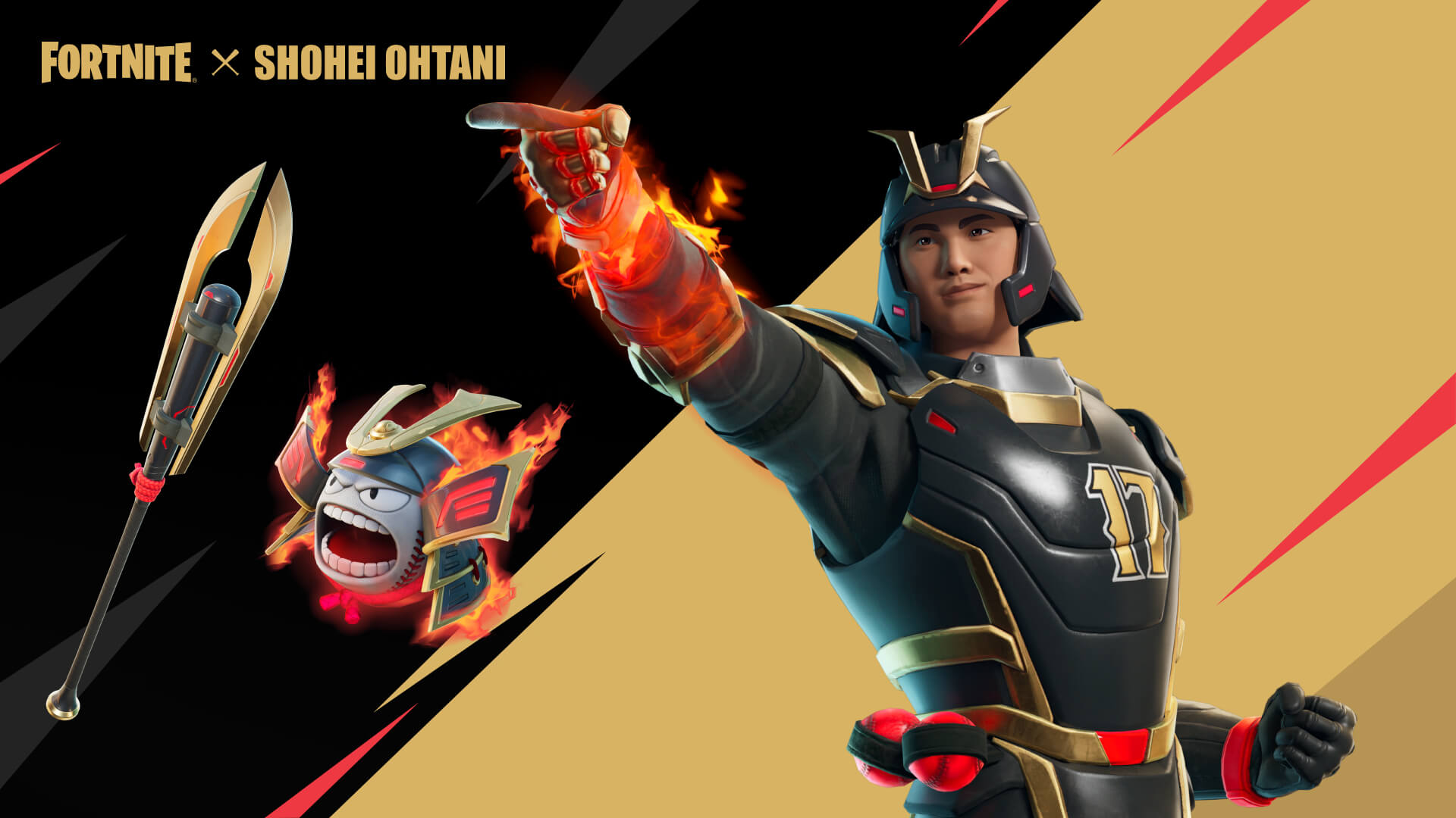Fortnite Samurai Shohei Outfit, Samurai Screamer Back Bling, and Baseball Batana Pickaxe